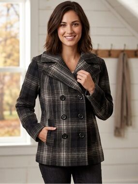 Old Navy Women's Plaid Pea Coat in Black and Gray